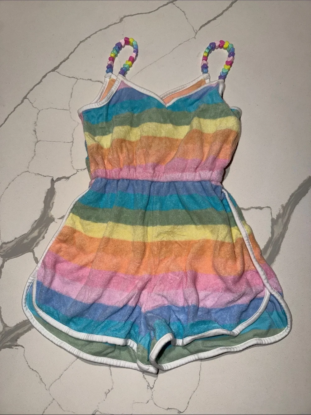 Lola + The Boys Rainbow Stripe Terry Romper with Beaded Straps